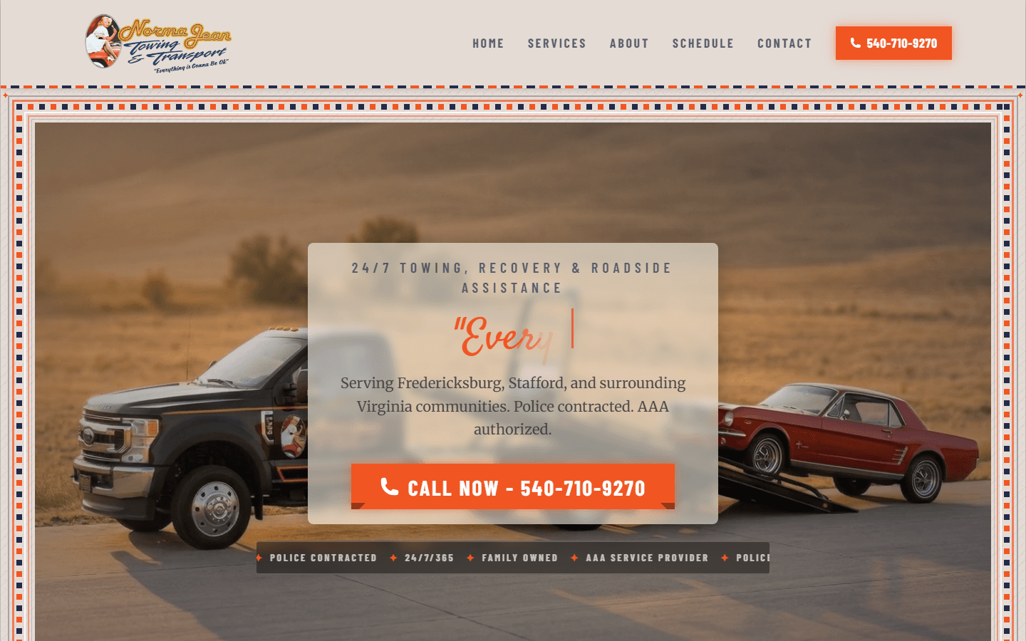 Homepage of the Norma Jean Towing & Transport website