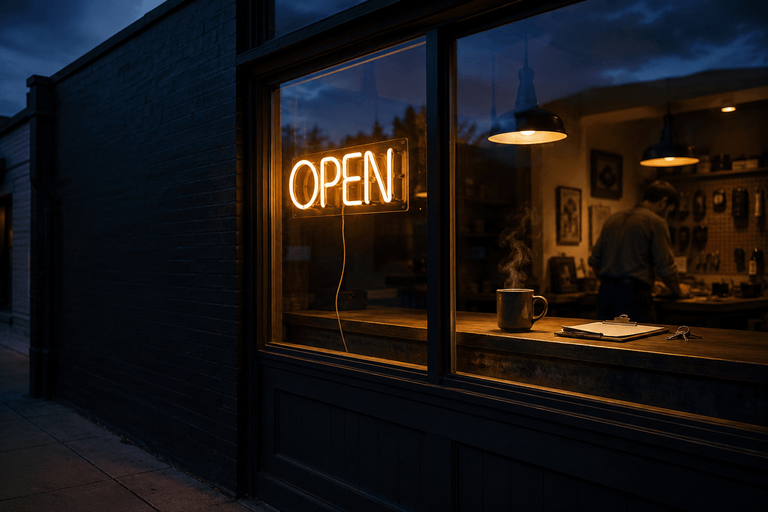 A local storefront glowing at dusk, neon OPEN sign in the window